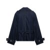 Collar long sleeved drawstring denim trench coat for women