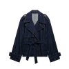 Collar long sleeved drawstring denim trench coat for women